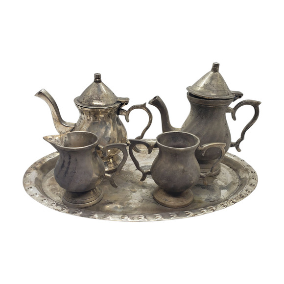 Vintage Silver Plated Miniature Tea Set Coffee Tea Pot Tray Creamer Sugar - Picture 1 of 16